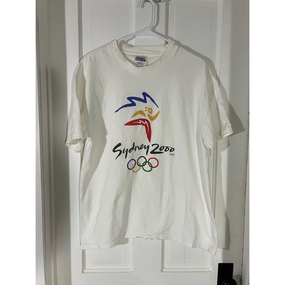 Vintage Sydney 2000 Olympics T Shirt Men's L White Hanes Beefy-T 100% Cotton Y2K